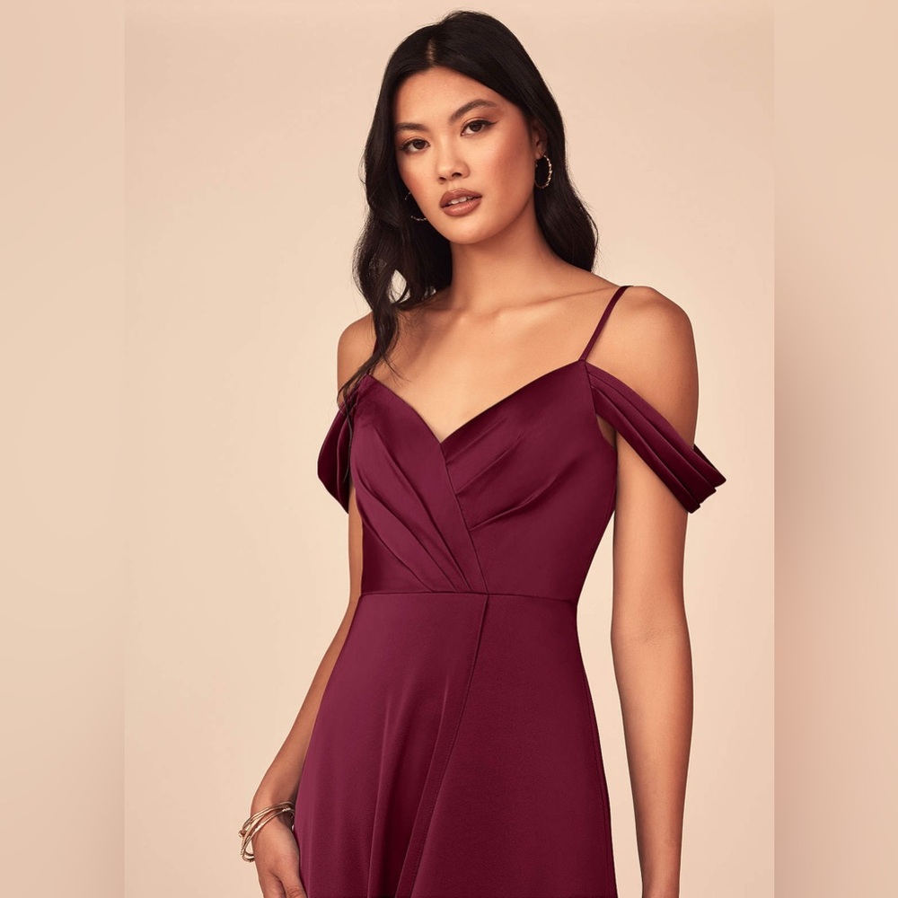 Azazie Burgundy Off-Shoulder Satin Maxi Dress with Slit - Picture 3 of 11